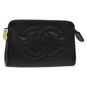 CHANEL Pouch Grained Calf Skin Black Gold CC Auth 142376
